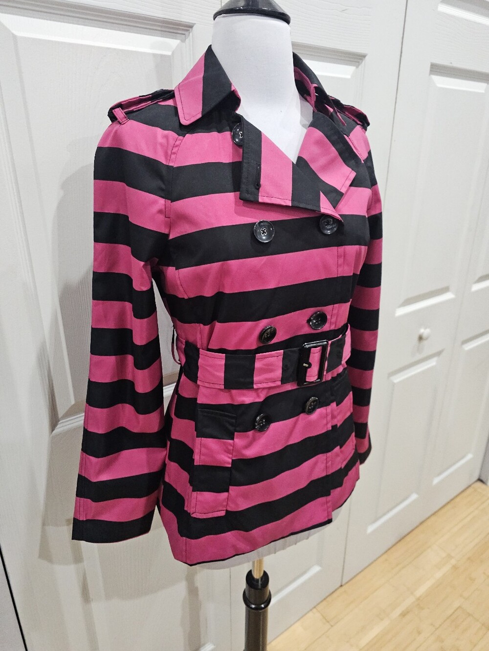 Cynthia Rowley Black Pink Striped Double Bressted Button Rain Jacket Coat Trench - Picture 4 of 16